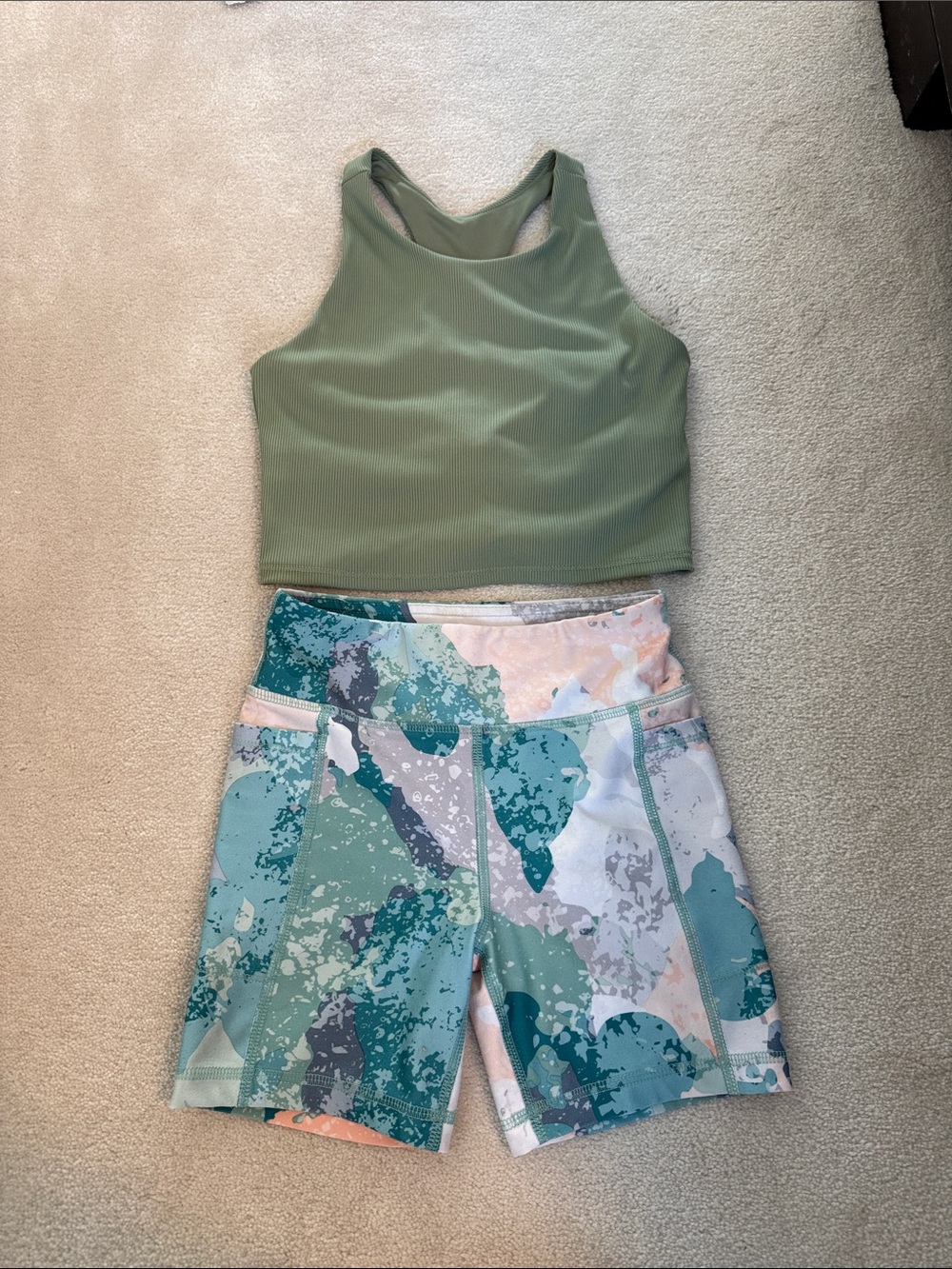DSG Olive Green Ribbed Racerback Crop Tank w Abstract Aqua Print Bike Shorts Set